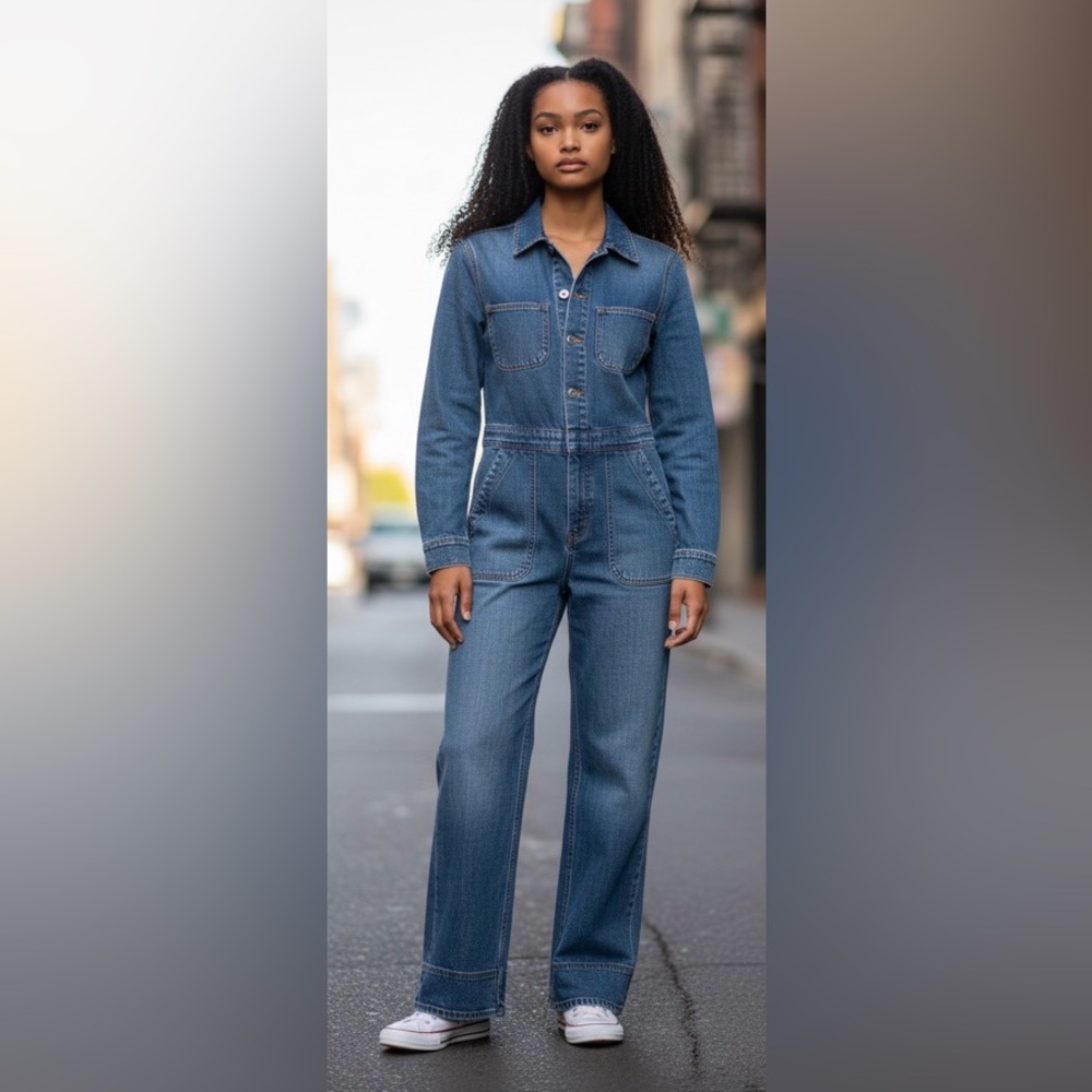 La Boheme heavy denim jumpsuit with contrasting red stitching size XS